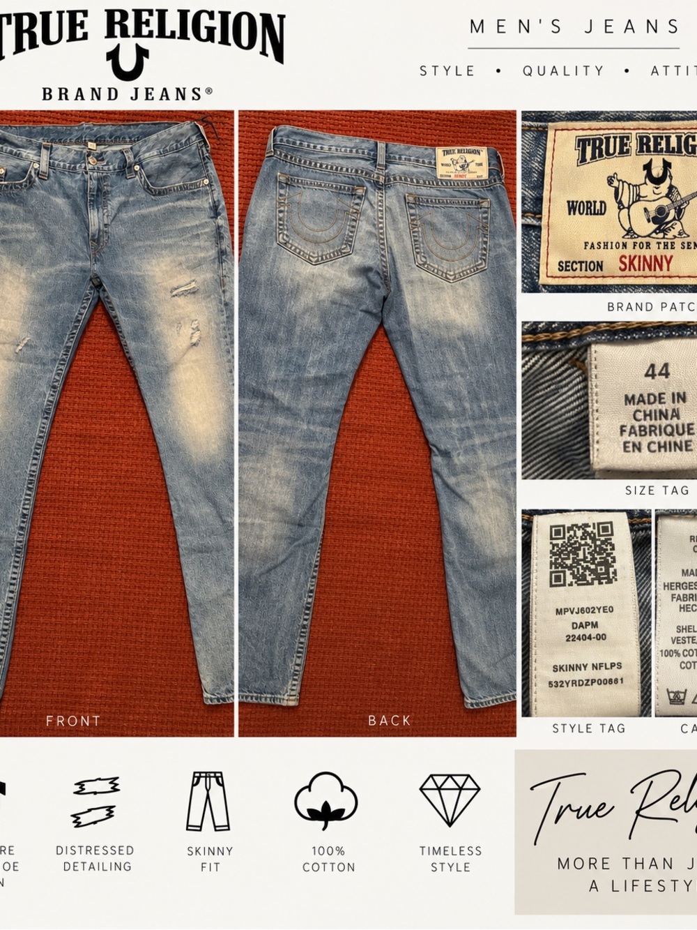 True Religion Men’s Skinny Distressed Jeans Size 44 Light Wash